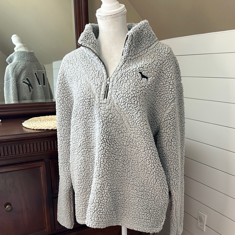 PINK Victoria's Secret Gray Faux Shearling Quarter Zip Collared Sweatshirt